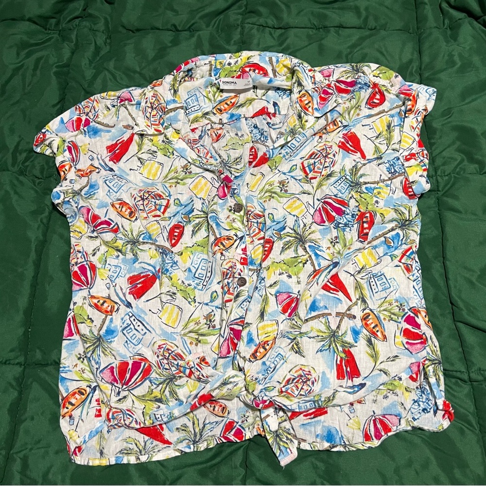 Tropical Tie-Front Beachy Camp Novelty Short Sleeve Multi Colored Linen Shirt